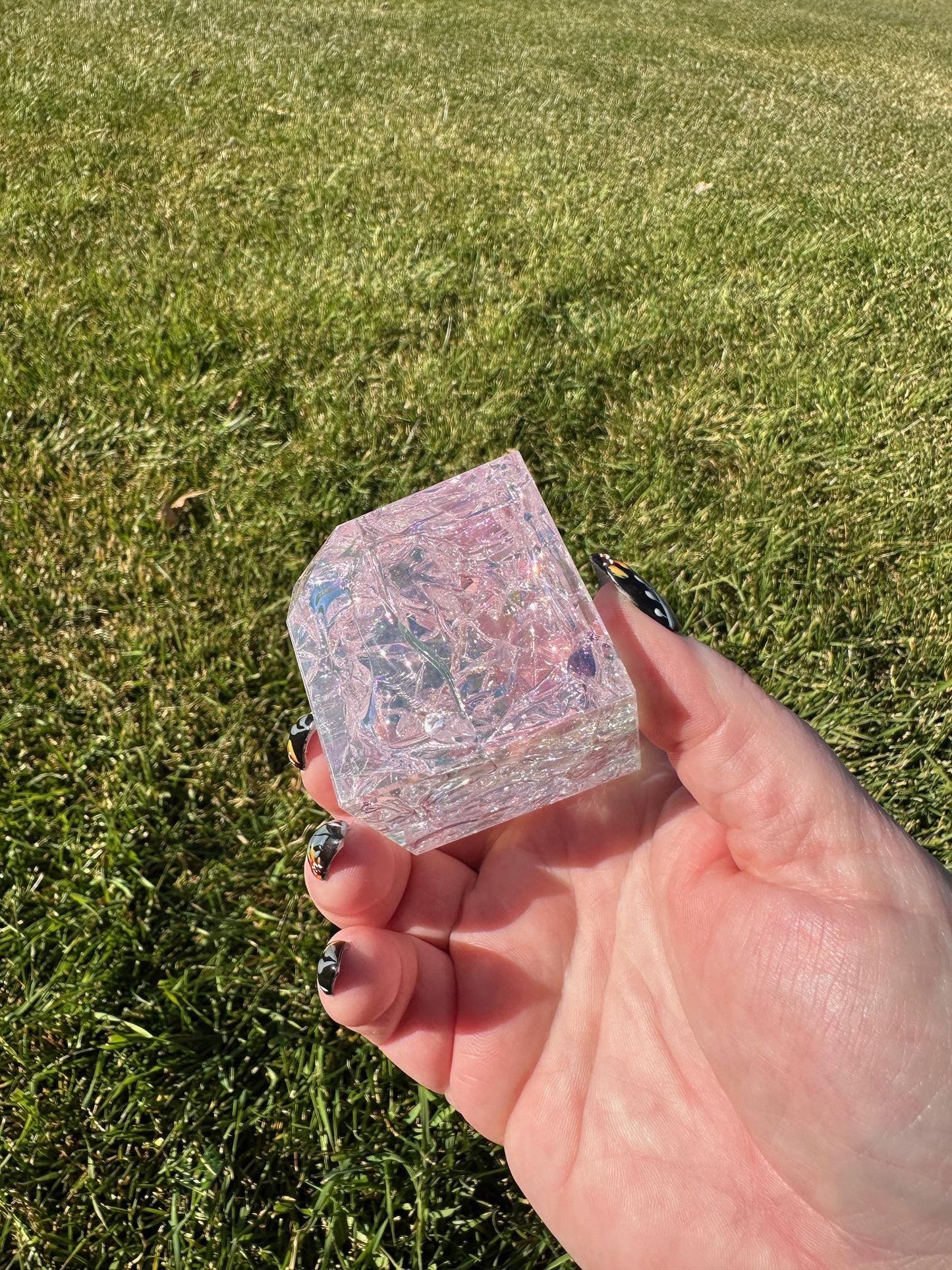 Aura Crackle Quartz Cube – 2 Inches, 10 oz – Iridescent Healing Crystal