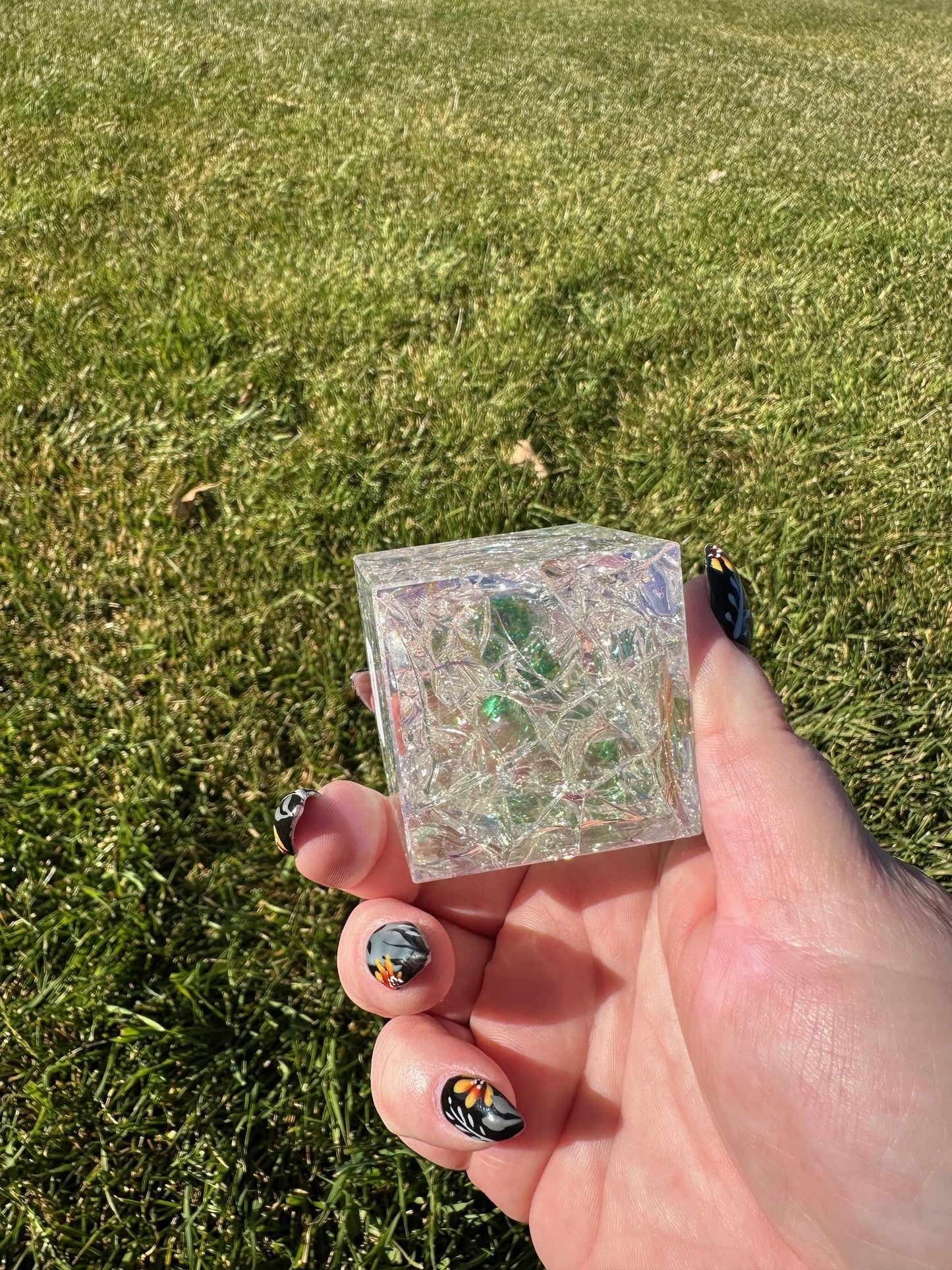 Aura Crackle Quartz Cube – 2 Inches, 10 oz – Iridescent Healing Crystal