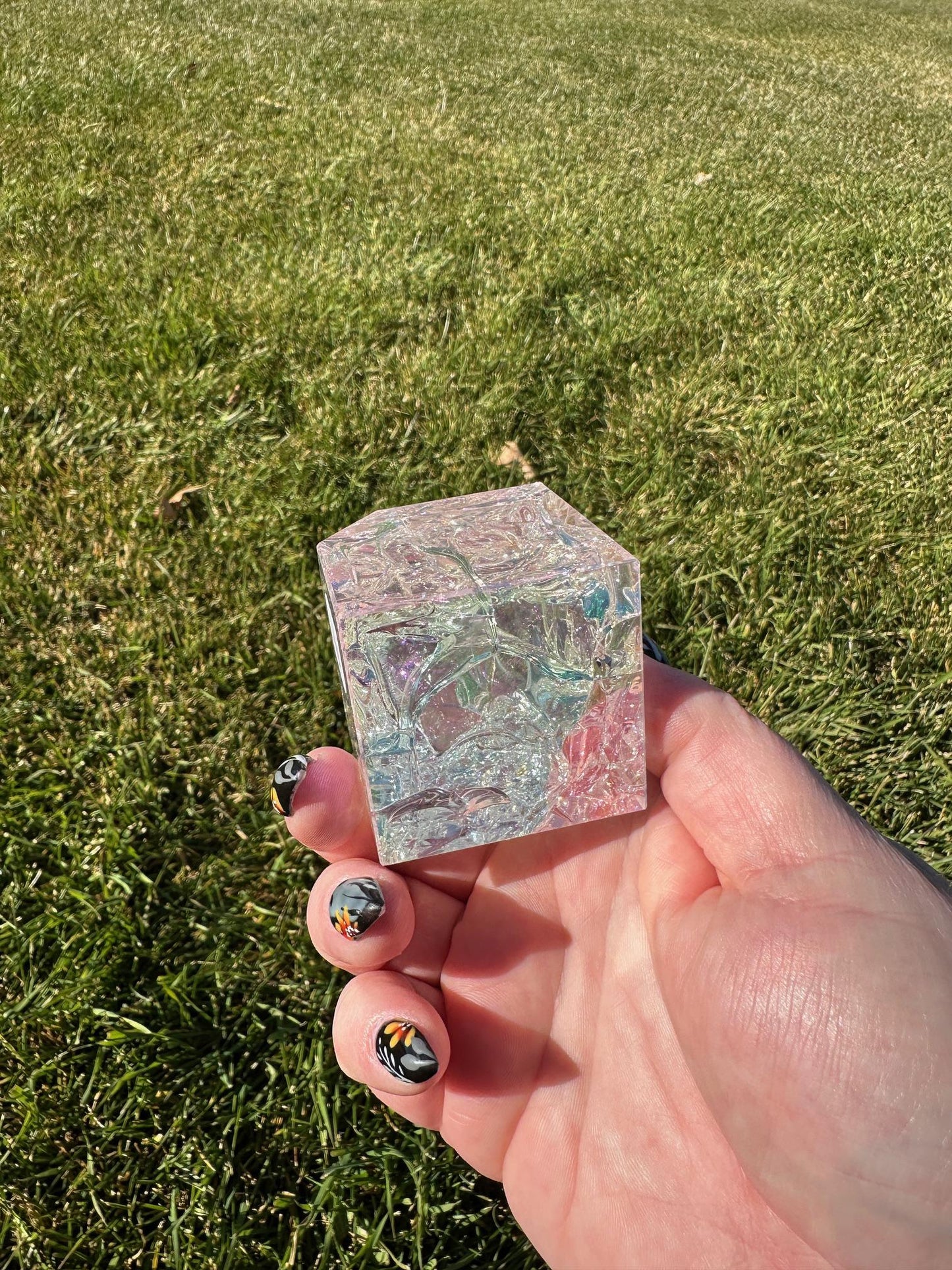 Aura Crackle Quartz Cube – 2 Inches, 10 oz – Iridescent Healing Crystal