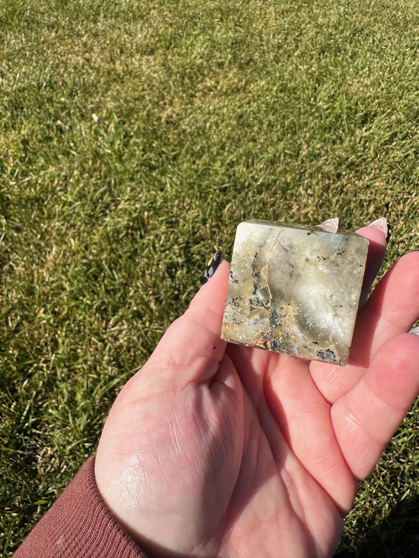 Green and White Dendritic Opal Cube – 1.5 Inches, 5 oz – Stone of Growth and Balance