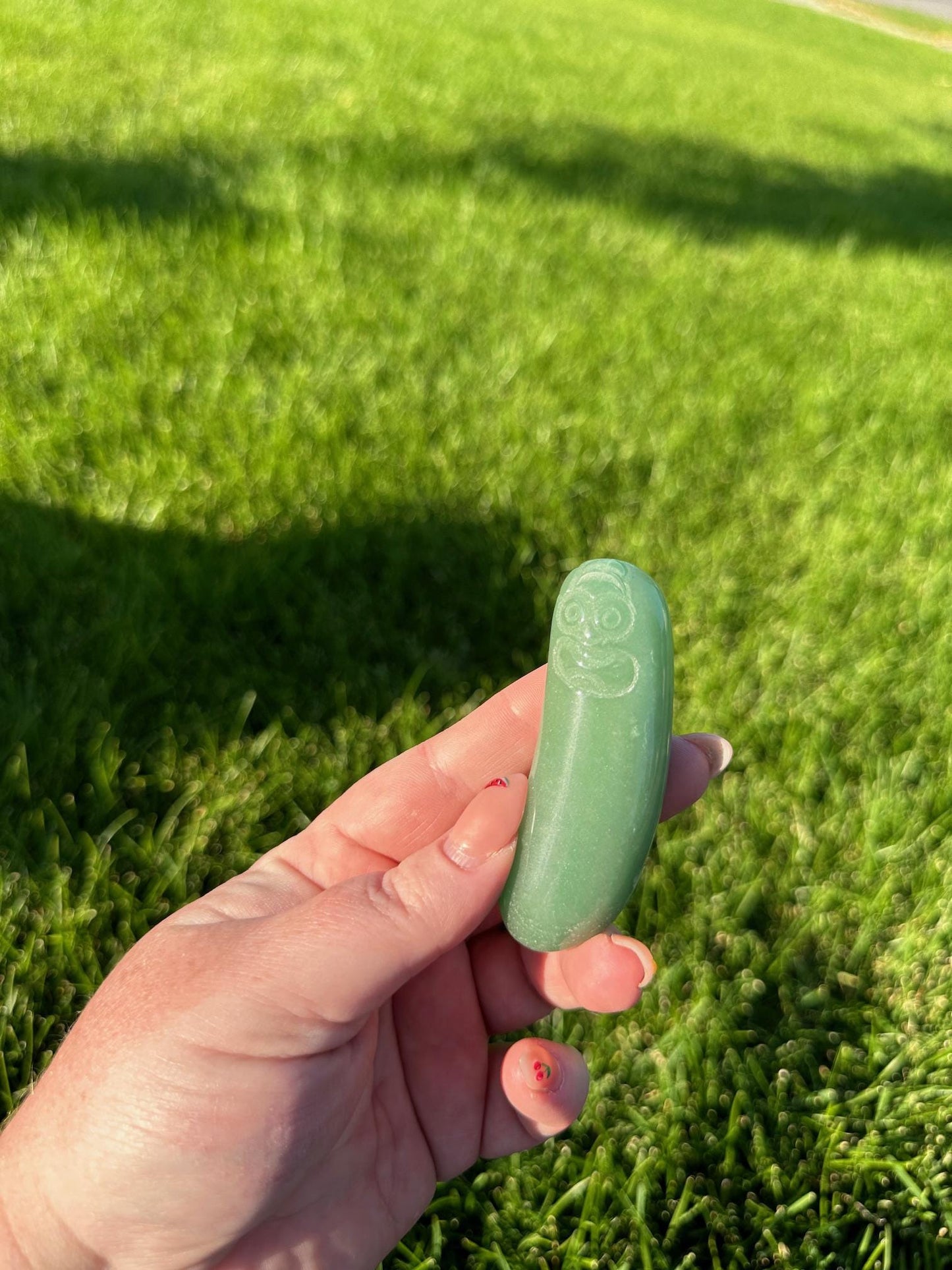 Green Aventurine Pickle Rick Carving – Unique Crystal Collectible – Handmade Crystal Art