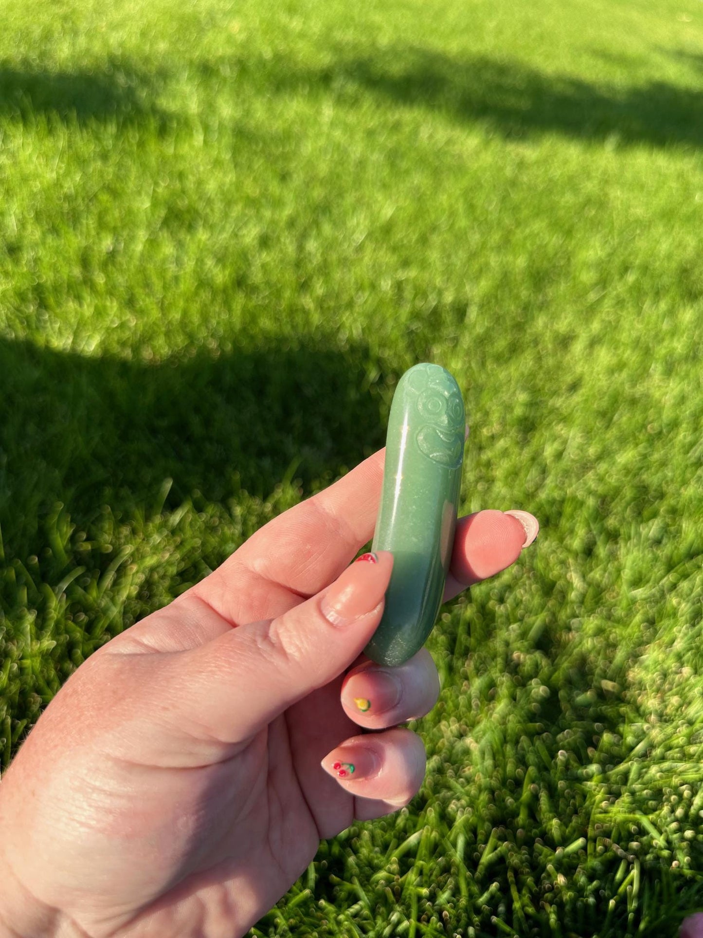 Green Aventurine Pickle Rick Carving – Unique Crystal Collectible – Handmade Crystal Art